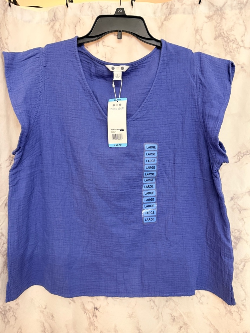 Three Dots V-Neck Cap Sleeve Top in Cobalt Blue